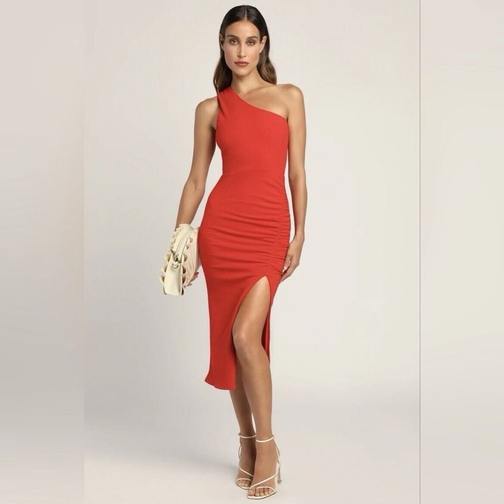 Lulus Red Centered on Style One-Shoulder Ribbed Bodycon Slit Midi Dress Size XL